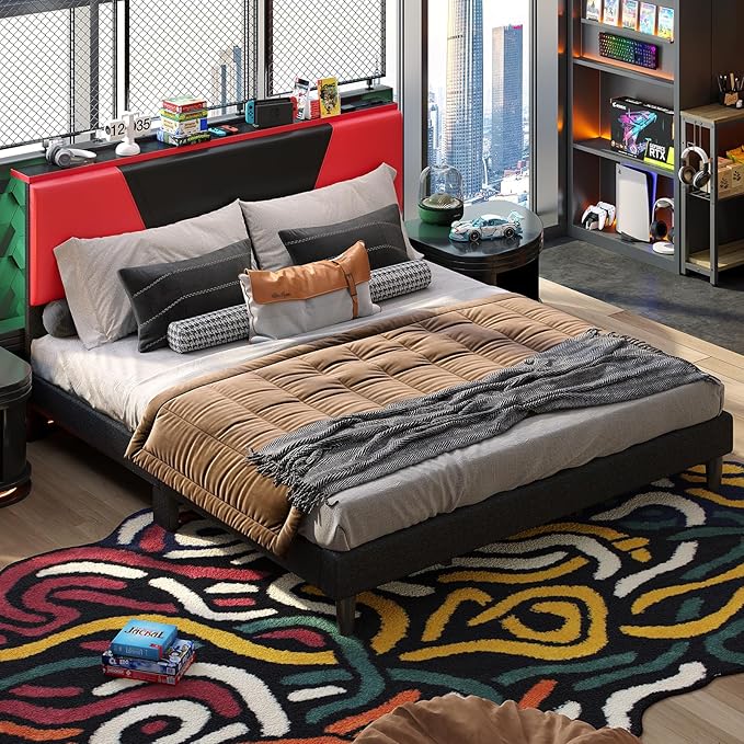 Bestier King Bed Frame with Headboard and LED Light, Faux Leather Upholstered Platform Bed with Storage Shelf, Gaming Style Bed Base, Wood Slat Support, Never Squeaks, No Box Spring(Black-Red)
