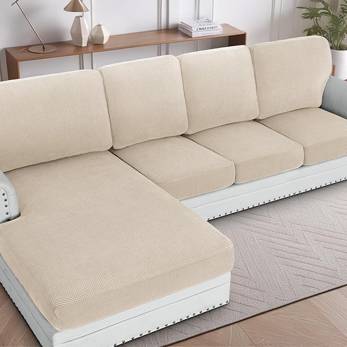 H.VERSAILTEX Sectional Couch Covers 1 Piece Chaise Slipcover L Shape Separate Cushion Couch Cover for Both Left/Right Sectional Couch (Seat Only: 1 Chaises, Natural)