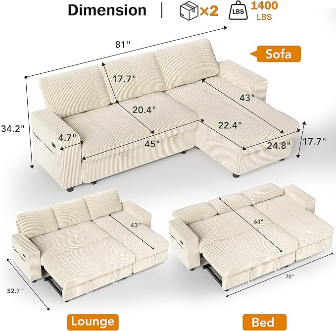 Vipbear Sectional Sleeper Couch with Pull Out Sofa Bed, L Shaped Plush Corduroy Couch with Reclining Backrest & Storage & USB Charging, Convertible Cloud Sectional Sofa Bed for Living Room, Beige | Breathable material, Tool-Free Assembly, Reclining Bac...