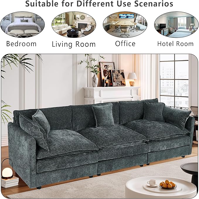 Setawix Chenille Cloud Couches for Living Room,3 Seater Cloud Sofa Couch with Deep Seat,112.2" Roomy Cloud Sofas,Modular Sectional 3 Seat Sofa with Pillows for Bedroom. (Grey, 3 Seater)