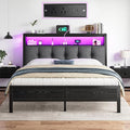 Homkdom Queen Bed Frame with LED Lights Grey Upholstered Headboard with Charging Station, Type C& 2-Tier Storage Shelves,Metal Platform Bed with 12" Under-Bed Storage, Noise-Free, Black