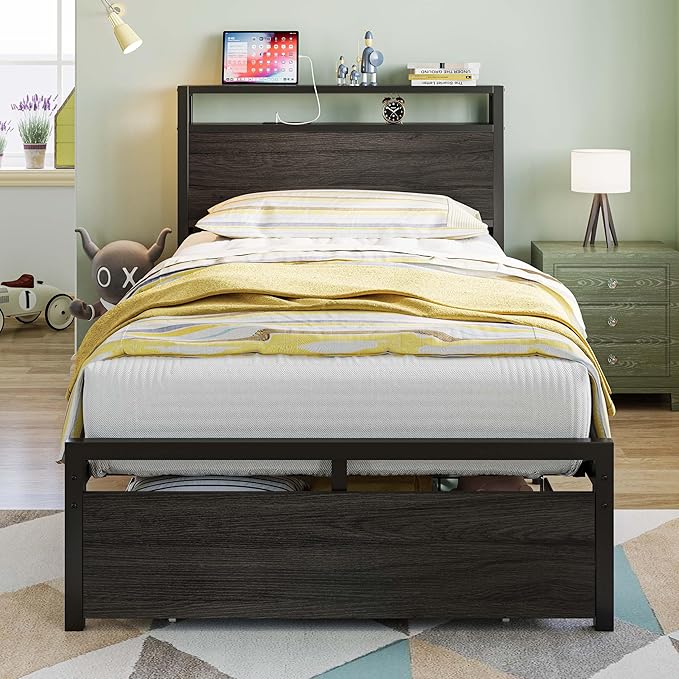 LIKIMIO Twin Bed Frames with Drawer, Storage Headboard with Outlets, No Box Spring Needed, Easy Assembly, Gray Black