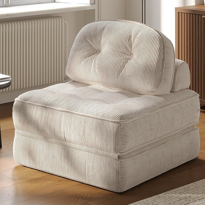 Dowinx Folding Sofa Bed with Pillow, Convertible Comfy Couch Bed for Adults Home Lounge and Gaming, Modern Comfortable Design for Apartment Living Room Bedroom, Single, Ribbed Velvet, White