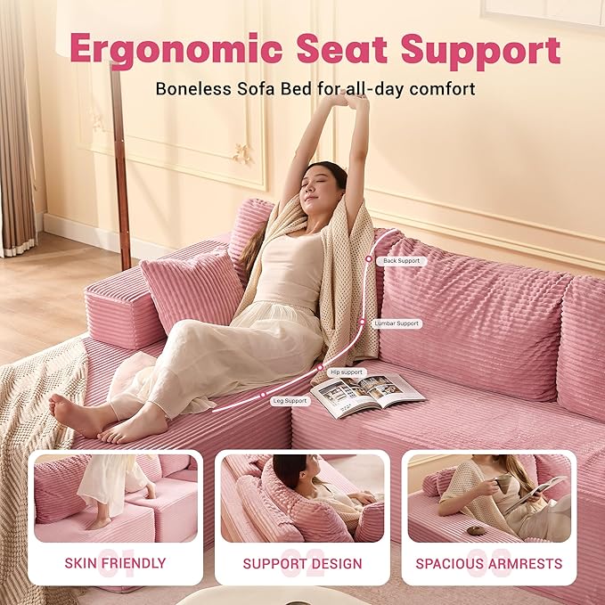 107" Boneless Couch with Deep Seat, Set of Modular Sectional Sofa, Cloud Sectional Couch for Living Room, No Assembly Required, Corduroy, L-Shape Left, Pink