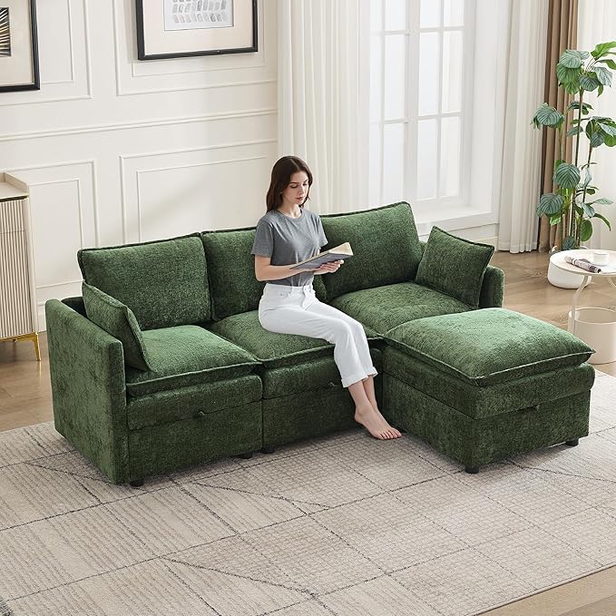 80" Cloud Modular 3 Seater Sofa with Storage Ottoman, Modern Upholstered Storage Sofa Couch Deep Seat, L Shape Sectional Sofa Chenille Comfy Couch with Armrests for Living Room, Small Space, Green