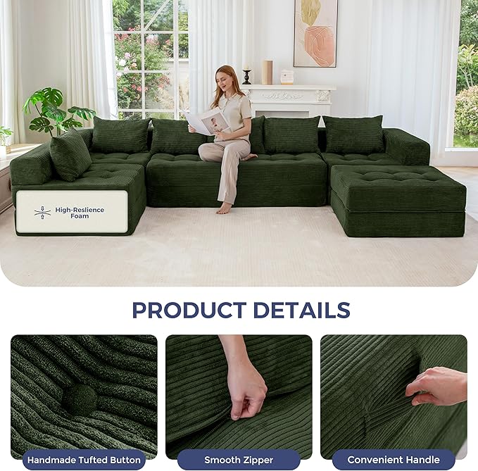 MAXYOYO Modular Sectional Sofa Couch, Foldable U Shaped Cloud Couch with Pillows, Tufted 7-Seat Boneless Sleeper Lounger Floor Sofa Bed for Living Room, No Assembly Required, Dark Green