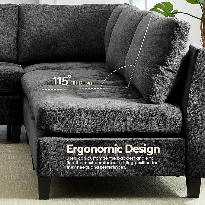 Luxe Oversized Modular Sectional Sofa, Modern Chenille Convertible Sleeper Sofa with Storage Ottoman, Comfy Deep Seat U-Shaped Cloud Couch for Living Room（Dark Grey，5-Seater + 1*Ottoman+ Tea Tray）