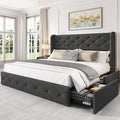LARMACE Full Size Bed Frame with 4 Storage Drawers and 47.2" Tall Wingback Headboard Linen Upholstered Platform Bed Frame Tufted Beds with Wooden Slats Support, Easy Assembly, Dark Grey