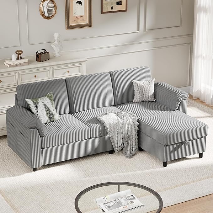 Meilocar Sectional Sofa Couch for Living Room, 79" Sectional Couches with Storage Ottoman, L Shaped Couch with Sloping Armrests, 3-Seat Sofa Couches for Small Space, Light Grey | Breathable Material