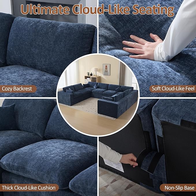 146''Cloud Boneless Sectional Couch, Modular Sectional Sofa Deep Seat, Oversized Upholstered Convertible Comfy 8 Seater Chenille Memory Foam Sofa U Shape Couches for Living Room, Navy