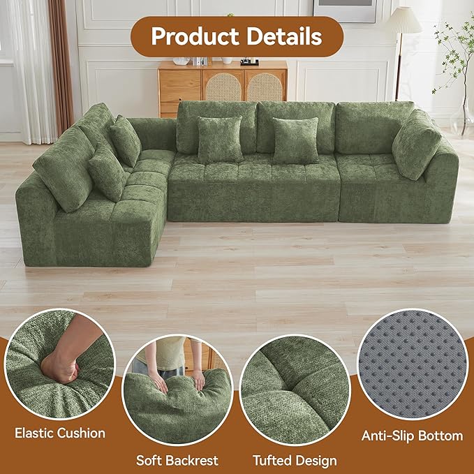 140''Modular Sectional Couches for Living Room, Cloud Boneless Compressed Sectional Sofa, Oversized L Shaped 5 Seater Upholstered Memory Foam Sofa, No Assembly, Chenille Green