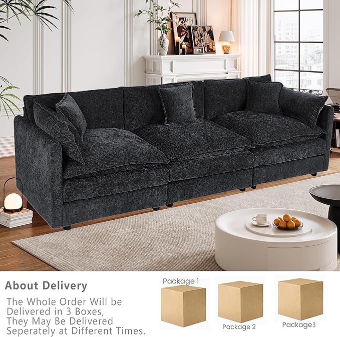 Setawix Chenille Cloud Couches for Living Room,3 Seater Cloud Sofa Couch with Deep Seat,112.2" Roomy Cloud Sofas,Modular Sectional 3 Seat Sofa with Pillows for Bedroom (Black, 3 Seater)