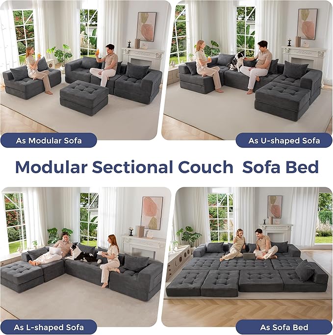 MAXYOYO Modular Sectional Sofa Couch, Foldable U Shaped Cloud Couch with Pillows, Tufted 6-Seat Boneless Sleeper Lounger Floor Sofa Bed for Living Room, No Assembly Required, Dark Grey