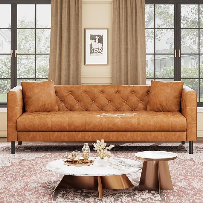 GarveeHome 81" Leather Couch for Living Room, Chesterfield Sofa with Deep Seat, Handmade Button Tufted 3 Seater Sofa, Modern Leather Sofa for Apartment, Office, Cognac Tan