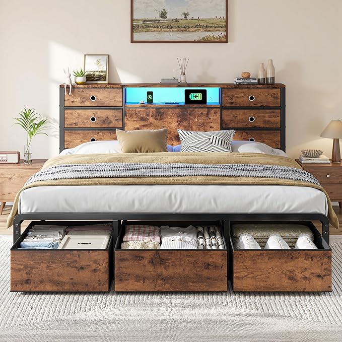 Homkdom King Size Bed Frame with 9 Fabric Storage Drawers, LED Lights & Charging Station, Metal Platform Bed Frame with Headboard Storage,No-Noise,Easy Assembly,Modern Brown
