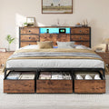 Homkdom King Size Bed Frame with 9 Fabric Storage Drawers, LED Lights & Charging Station, Metal Platform Bed Frame with Headboard Storage,No-Noise,Easy Assembly,Modern Brown