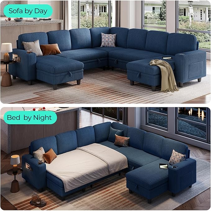 LINSY HOME Sectional Sleeper Sofa Pull Out Couches for Living Room (Blue, Sleeper Sofa 5) | Pull Out Sofa Bed, Storage, USB Charging, Cup Holders, Plush Corduroy