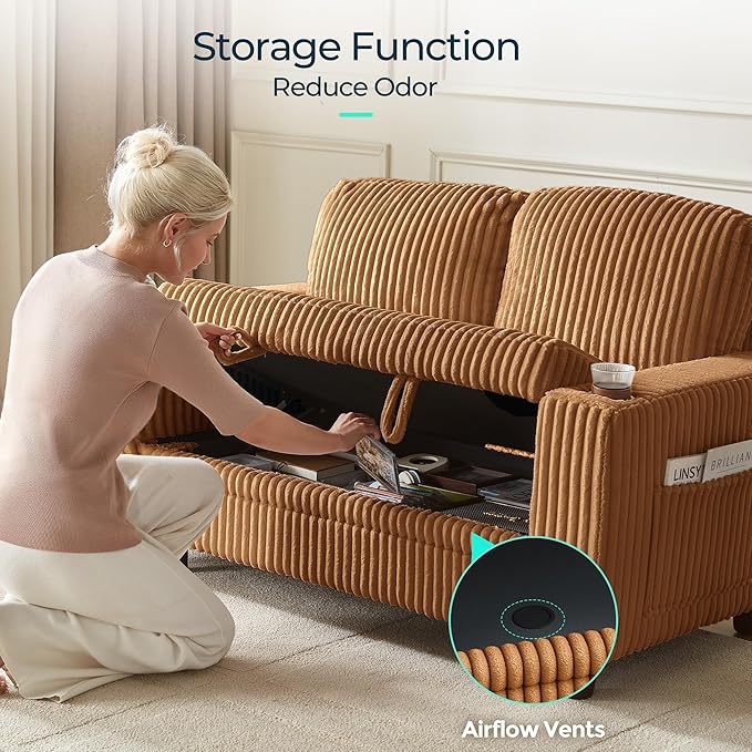 LINSY HOME Loveseat Sofa with Storage - Comfy Plush Corduroy 2 Seater Sofa with USB Charging & Cup Holders, Deep Seat Love Seat for Small Spaces Living Room Bedroom Apartment, Brown