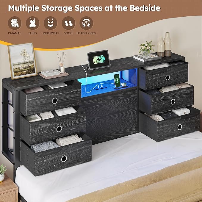 Homkdom Full Size Bed Frame with 8 Fabric Storage Drawers, LED Lights & Charging Station, Metal Platform Bed Frame with Headboard Storage,No-Noise,Easy Assembly,Black
