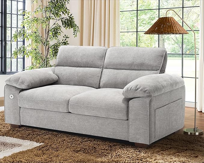 WorthFurni Sofas for Living Room, Chenille Pillow-Armrest Loveseat Couch Set, Small Sofa, 3 Seater Sofa, USB Charging, Removable Sofa Cover, Solid Wood Frame, Easy to Install (71.5 inch, Grey)