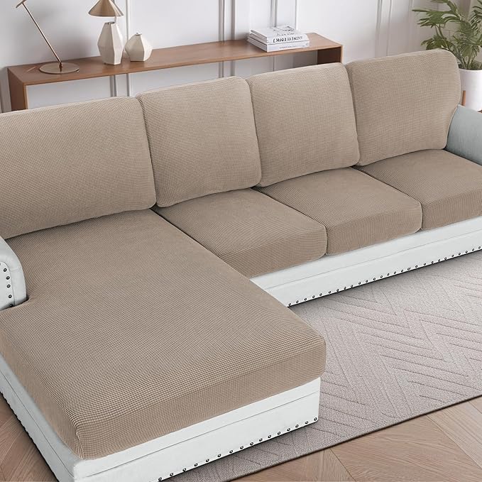 H.VERSAILTEX Sectional Couch Covers 1 Piece Chaise Slipcover L Shape Separate Cushion Couch Cover for Both Left/Right Sectional Couch (Seat Only: 1 Chaises, Sand)
