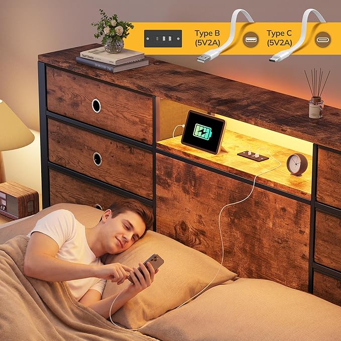 Homkdom King Size Bed Frame with 9 Fabric Storage Drawers, LED Lights & Charging Station, Metal Platform Bed Frame with Headboard Storage,No-Noise,Easy Assembly,Modern Brown