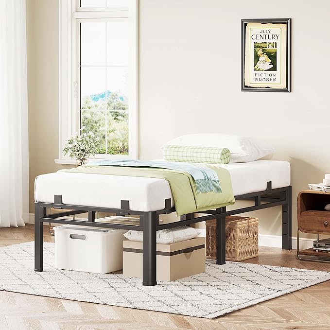 ROIL 14 Inch Twin Size Bed Frame, Double Layer Metal Bed Frame with Round Corner Legs, 4000LBS Bed Frame & Box Spring 2 in 1 Platform with Headboard Holes Mattress Baffles, Noise-Free Easy Assembly
