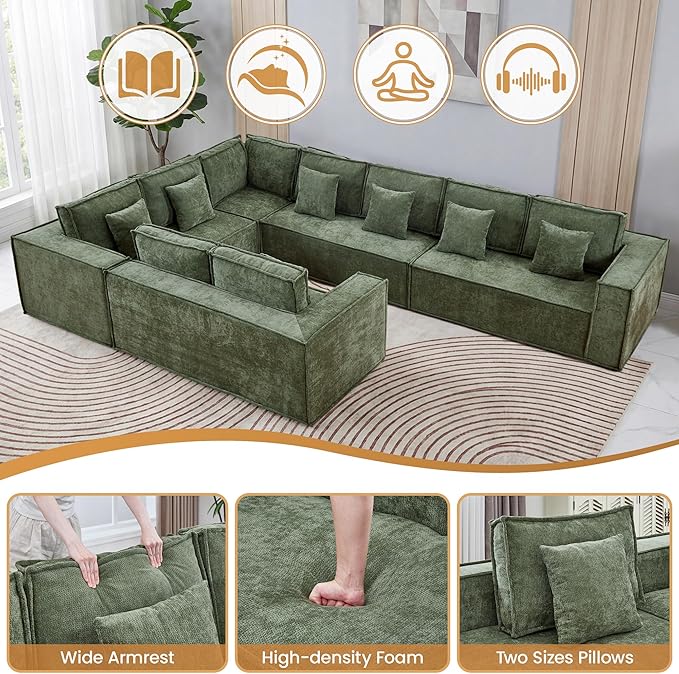 167'' Boneless Chenille U Shaped Couch, Oversized Modular Sectional 9 Seater Sofa, Modern Deep Seat Corner Cloud Compressed Couch, No Assembly Sleeper Sofa with Chaise for Living Room, Green