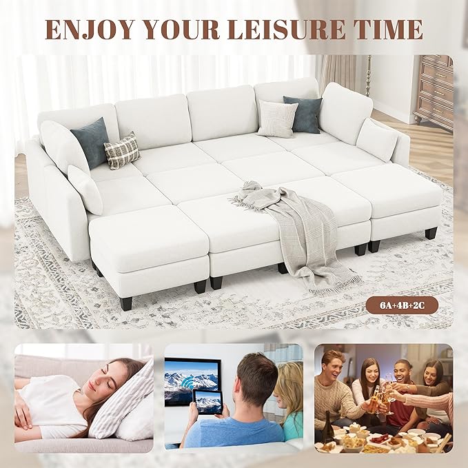 Sectional Sleeper Sofa, 6 Seaters Modular Sleeper Sofa Couch, Comfy Sectionals Couches Bed, Convertible Sofas with Ottomans, Modular Sectional Couches for Living Room, White