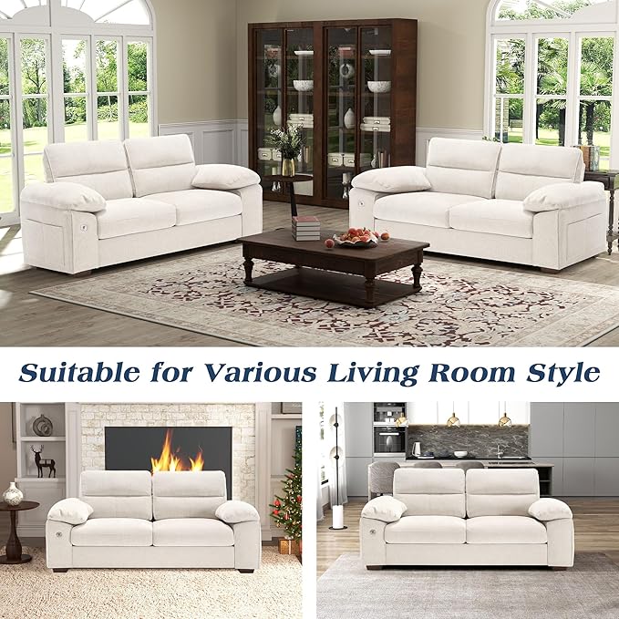 WorthFurni Sofas for Living Room, Chenille Pillow-Armrest Loveseat Couch Set, Small Sofa, 3 Seater Sofa, USB Charging, Removable Sofa Cover, Solid Wood Frame, Easy to Install (71.5 inch, Beige)