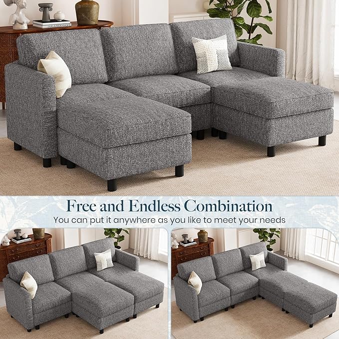 Belffin 84.3" 5 Seats U Shaped Couch Modular Sectional Sofa Washable Sectional Couches for Living Room Comfy Couches with Storage Seat Couch Sofas with Chaise,Grey