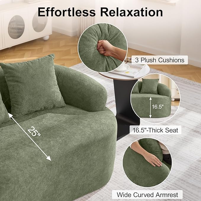 110.2" Curved Boneless Couch, Oversized Cloud Sofa with 4 Pillows, Modern 4 Seater Modular Sectional Sofa, Boneless Sectional Couches for Living Room, Curved Foam Couch, Green