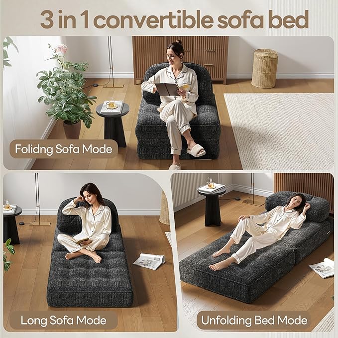 Dowinx Folding Sofa Bed with Pillow, Small Convertible Comfy Couch Bed for Adults Home Lounge and Gaming, Modern Comfortable Design for Apartment Living Room Bedroom, Smooth Velvet, Black