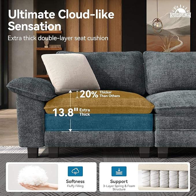 Modular Loveseat Cloud Sofa, 87.5'' Oversized Chenille Sectional Couch with Wider Armrest and Pillow, 2 Seat Upholstered Modern Love Seat for Living Room Bedroom, Cyan