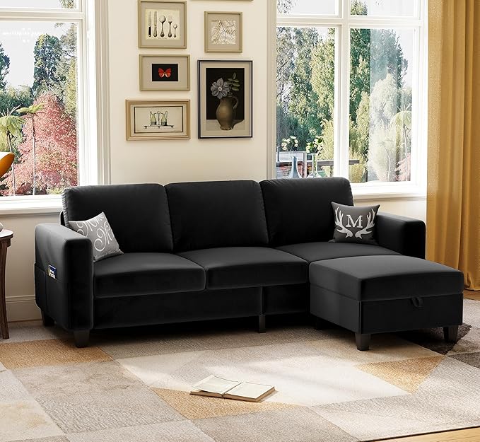 78" Sectional Sofa Couches for Living Room, Black Convertible L Shaped Couch with Storage Ottoman, Deep Seat Pet-Friendly Velvet Fabric Sofa Set for Small Space, Apartment, Dorm