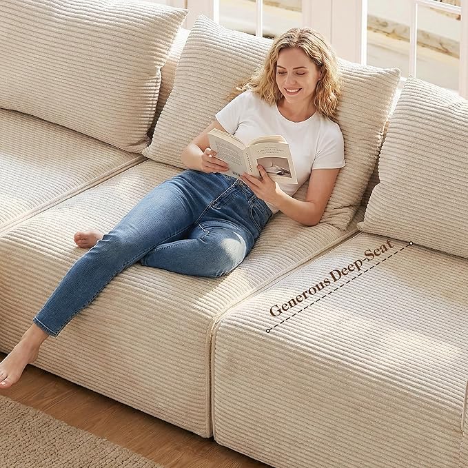 97" L-Shaped Cloud Corduroy Sofa with Right Chaise, Modular Sectional Couch, Flexible Combination Couches for Living Room, Bedroom, No Assembly Required (White)