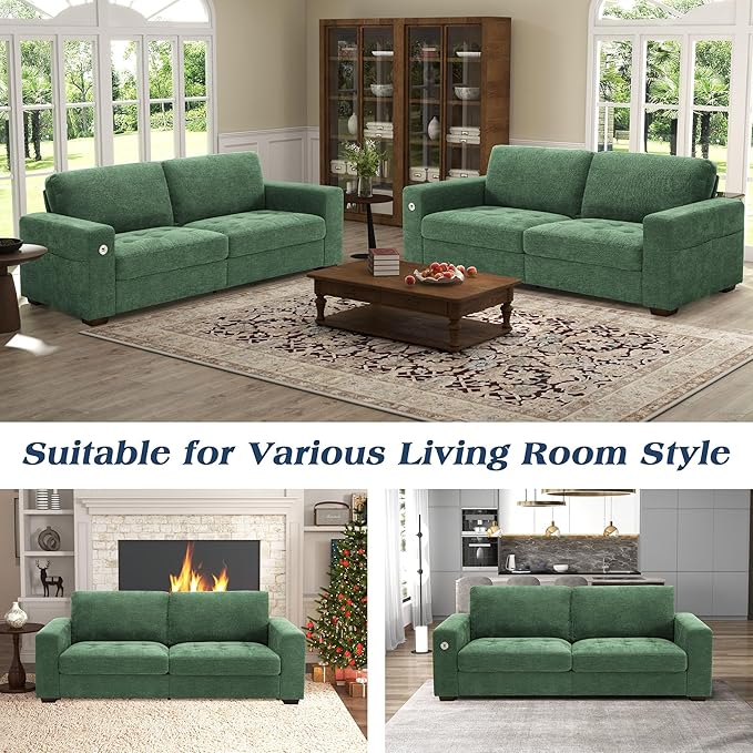 WorthFurni 89 Inch Modern Sofa Couch with USB Port & Side Pockets, Chenille Fabric 3 Seater Couch,Comfy Washable Small Sofas & Couches for Living Room Bedroom Apartment（Green）