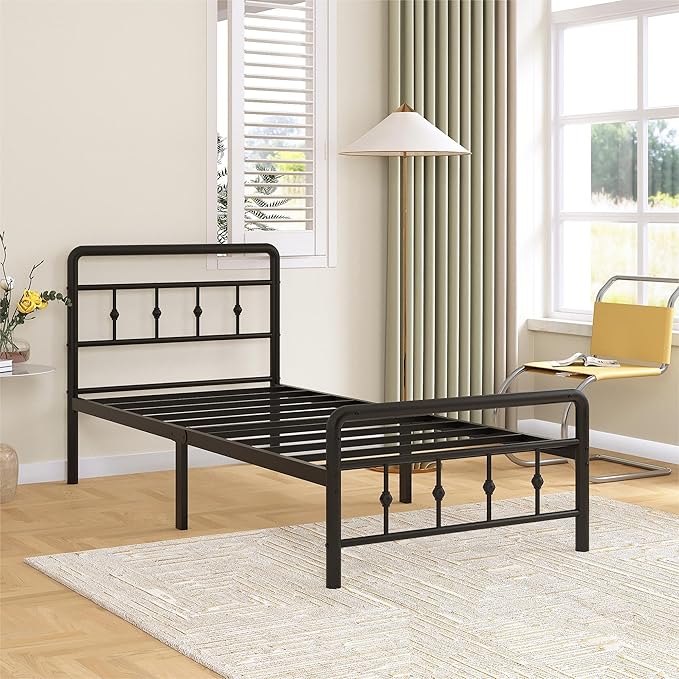 Richwanone 14 inch Twin Bed Frame with Headboard and Footboard, Heavy Duty Metal Bed Frame Victorian Style, No Box Spring Needed, Easy Assembly, Black
