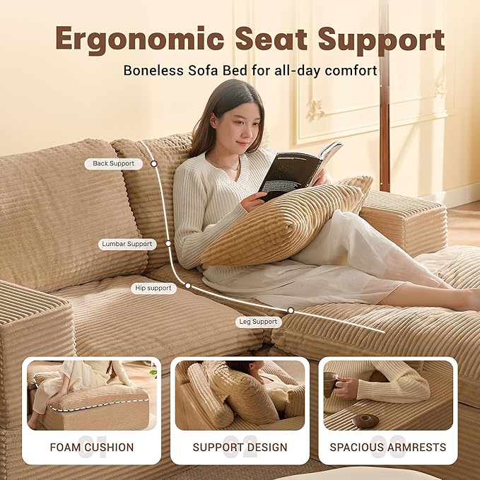 74.8” Set of Cloud Couch, Modular Loveseat Sofa, Convertible Sofas Bed, Deep Seat Sofa, Cozy Sofa for Living Room, Office and Bedroom, L Shaped Cozy Sofa Furniture Set, Corduroy, Camel