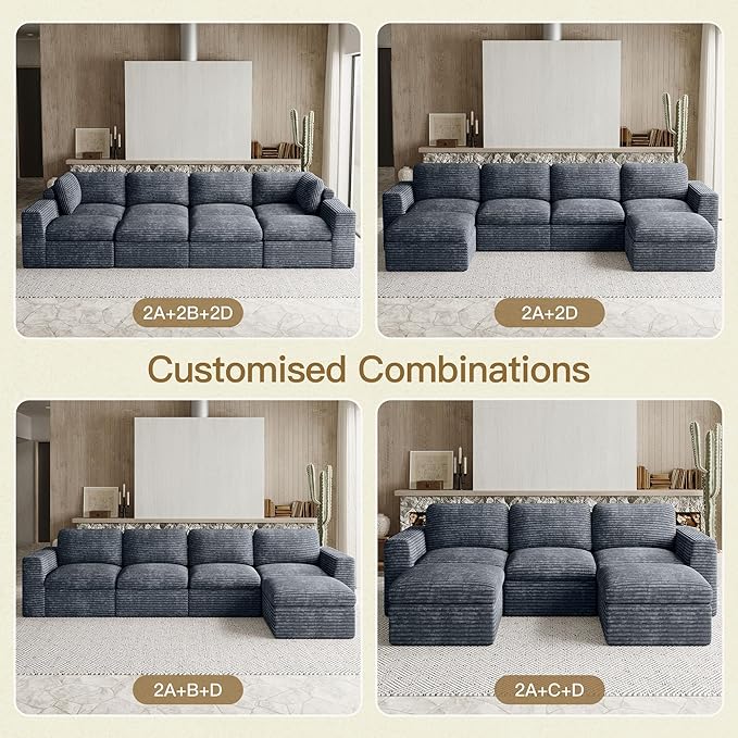 Cloud Sectional Sleeper Sofa Bed 6-Seater Plush Corduroy Modular Sectional Sofa Couches for Living Room with Ottoman. Grey Couch.
