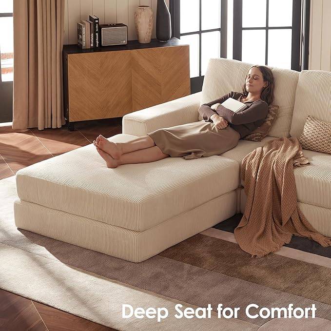Modular Sectional Sofa, 120.47" Modern Cloud Couch Sectional Sofa with U-Shaped Chaise Comfy Corduroy Fluffy Couch with Deep Seat Boneless couches for Living Room Bedroom, White