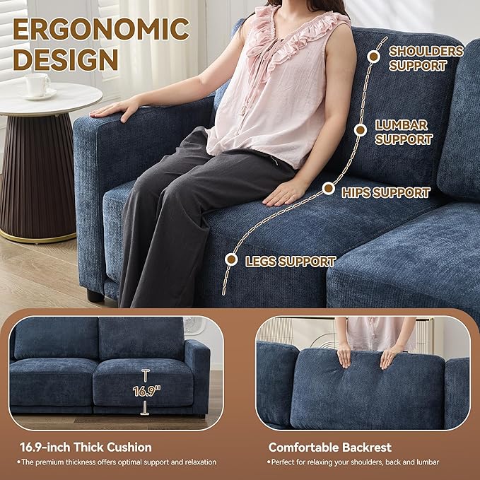 110.6" L Shaped Modular Sectional Sofa Modern Chenille Comfy Couch with Thickened Seat Cushions, Easy Assembly, Upholstered 4 Seater Couch with Movable Ottoman for Living Room, Blue