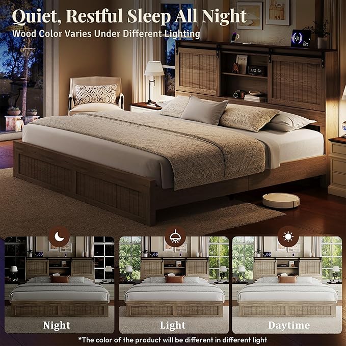 King Size Bed Frame with Storage Headboard, Sliding Barn Door, Wood Platform Bed with Reading Light and Charging Station, Wood Slats Support, Easy Assembly, Noise-Free, Light Rustic Oak