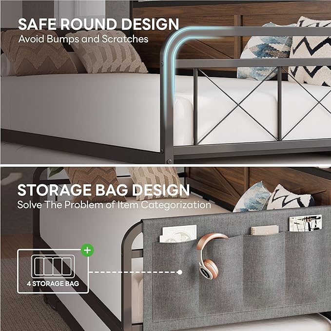 LIKIMIO Twin Daybed, Day Beds with Pop Up Trundle, Storage Headboard with Charging Station, Strong Supports for Apartment and Other Small Space, Walnut