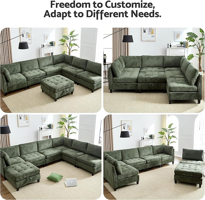 Luxe Oversized Modular Sectional Sofa, Modern Chenille Convertible Sleeper Sofa with Storage Ottoman, Comfy Deep Seat U-Shaped Cloud Couch for Living Room（Green，6-Seater + 1*Ottoman）