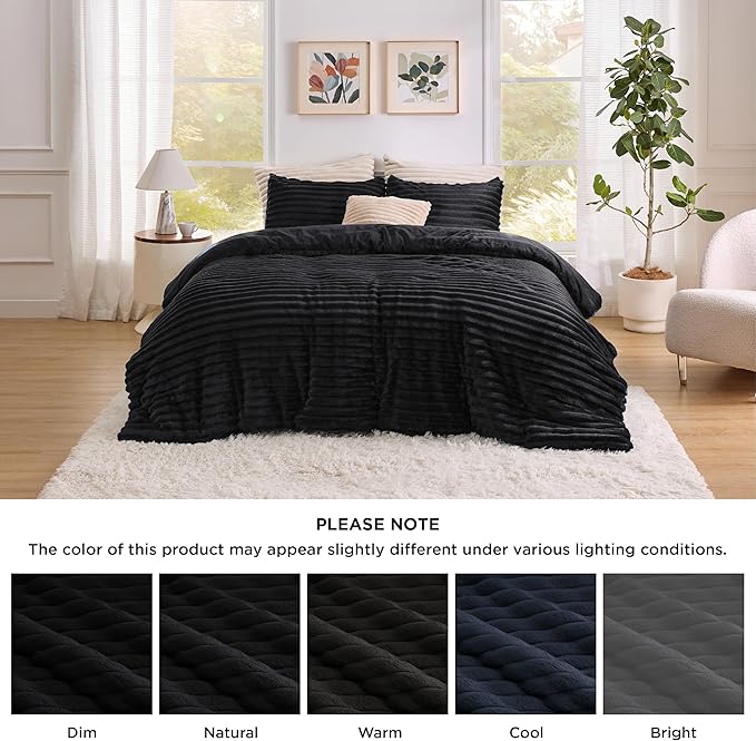 Bedsure Comforter Set Queen Size - GentleSoft™ 3 Pieces Double-Side Fleece Fluffy Black Comforter Set, Cozy Striped Room Decor Aesthetic, Luxury Bedding Queen Size, 2 Pillowcases, 90x90 Inches