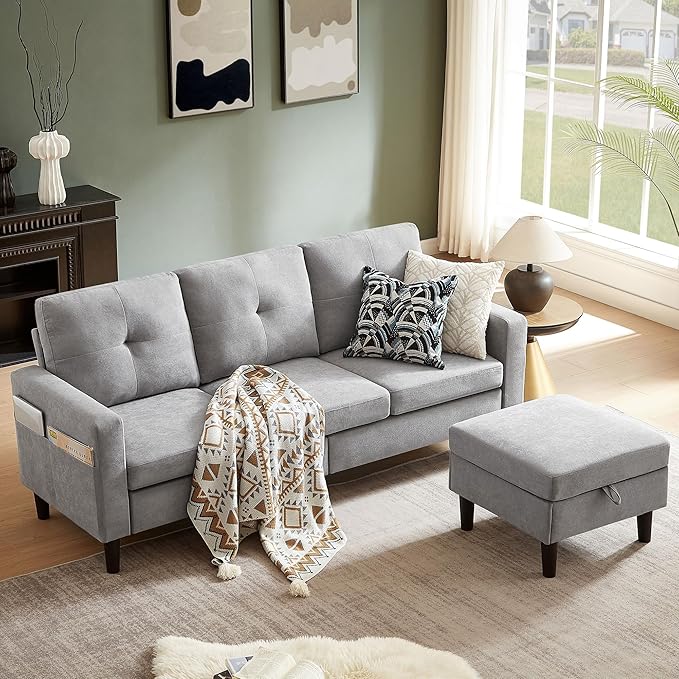 79" Convertible Sectional Sofa, Small L Shaped 3 Seat Couch with Storage Chaise and Side Pocket, Modern Linen Fabric Reversible Sofa Couches for Living Room, Apartment and Small Space