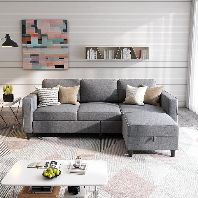 Sectional Sofas Couches for Living Room 78" L-Shaped Couch - Modern Linen Grey Sofa with Storage Ottoman for Apartments, Studios & Home Offices, Small Space
