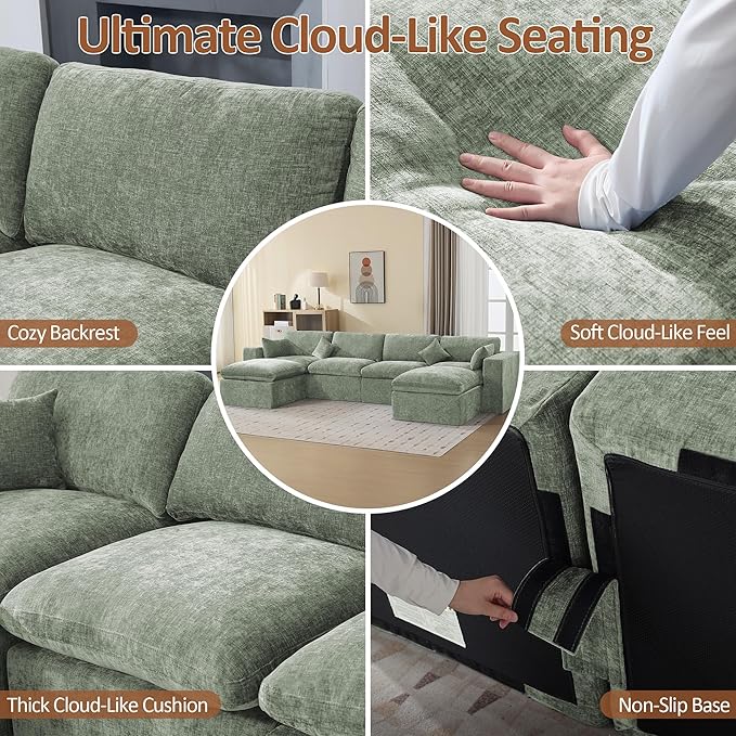 155''Cloud Boneless Sectional Couch, Modular Sectional Sofa Deep Seat with 2 Ottomans, Oversized Upholstered Convertible Comfy 6 Seater Chenille Sofa U Shape Couches for Living Room, Green