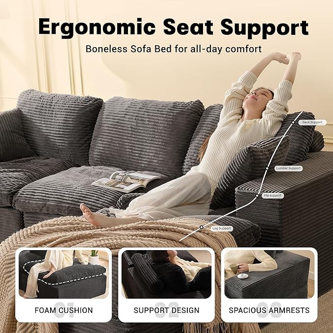106.3” Sectional Couches for Living Room, Set of Cloud Couch, Modular Sectional Sofa, Convertible Sofas Bed, Deep Seat Sofa, L Shaped Cozy Sofa Furniture Set, Corduroy, Gray